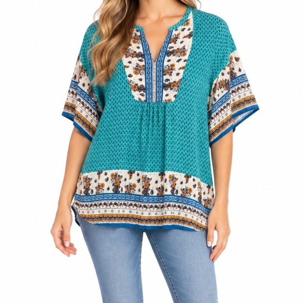 Weekend Suzanne Betro Tunic Women Large Teal Boho Floral Split Neck Blouse